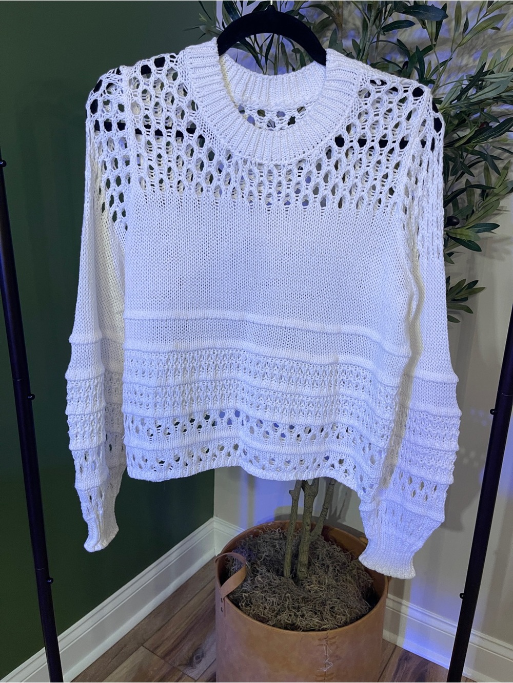 Women’s White Crochet Open-Knit Sweater